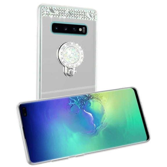 SOATUTO Glitter Case for Samsung S10 Plus Mirror Case with Ring Holder Kickstand for Girls Women Bling Shining Rhinestone Diamond Luxury Fashion Makeup Case for Samsung Galaxy S10 Plus - Silver