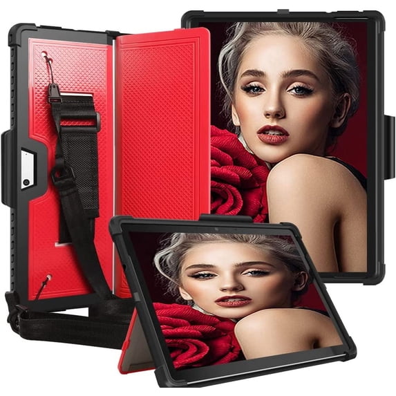 SOATUTO Heavy Duty Case Cover for Microsoft Surface Pro 8 / Surface Pro X 13 inch Tablet Hard Back Case with Pen Holder Hand Strap Fit for Type Cover Keyboard for Surface Pro 8 / Pro X - Red+Black