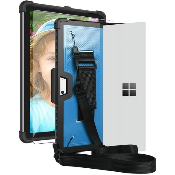 SOATUTO Heavy Duty Case Cover for Microsoft Surface Pro 8 / Surface Pro X 13" Tab Hard Back Case with Tempered Glass Screen Film Pen Holder Hand Strap Fit for Type Cover Keyboard - Black+Blue/1 Pcs