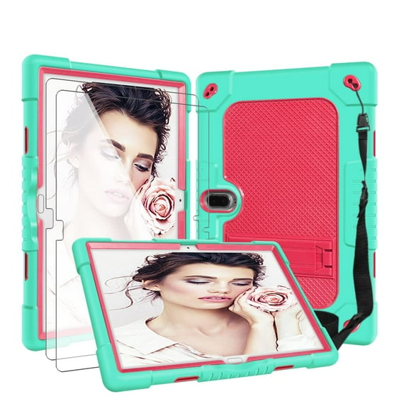 SOATUTO Heavy Duty Case With Screen Protector For MAGCH M210 M101 L21 Tablet Hard Back Case with Stand Shoulder Strap For MEIZE ZONKO K116 K118 / Kaktin / TPSPAD 10 inch Tablet - Green+Pink/2 Pcs