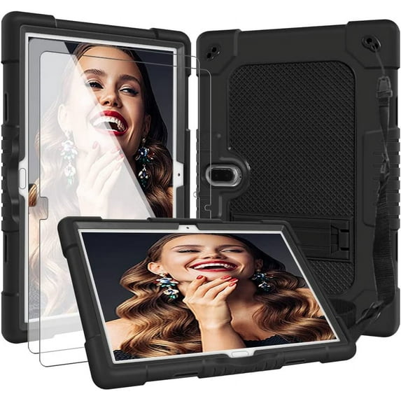 SOATUTO Heavy Duty Case With Screen Protector For MAGCH M210 M101 L21 Tablet Hard Back Case with Stand Shoulder Strap For MEIZE ZONKO K116 K118 / Kaktin / TPSPAD 10 inch Tablet - Black+Black/1 Pcs