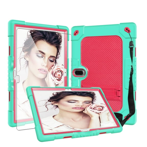 SOATUTO Heavy Duty Case With Screen Protector For MAGCH M210 M101 L21 Tablet Hard Back Case with Stand Shoulder Strap For MEIZE ZONKO K116 K118 / Kaktin / TPSPAD 10 inch Tablet - Green+Pink/1 Pcs