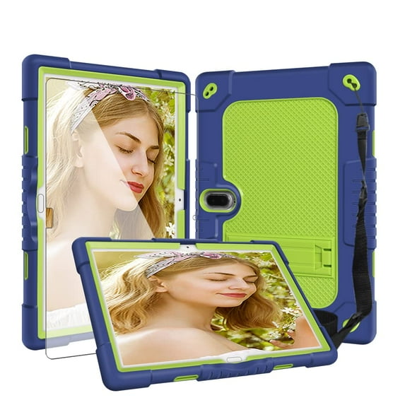 SOATUTO Heavy Duty Case With Screen Protector For MAGCH M210 M101 L21 Tablet Hard Back Case with Stand Shoulder Strap For MEIZE ZONKO K116 K118 / Kaktin / TPSPAD 10 inch Tablet - Navy+Green/1 Pcs