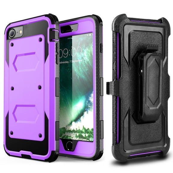 SOATUTO Heavy Duty Protective Case with Kickstand Build-in Screen Protector and Belt Swivel Clip for Apple iPhone 8 / 7 & iPhone SE 2020 / 2022 (Purple)