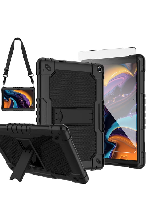 Hybrid Case With Screen Protector For Walmart Onn 10.1 Gen 3 10.1 inch Cover Built in Handle/Shoulder Strap 360° Stand 3 Layer Armmor For Walmart Onn 10.1 2022 Model 100071485 - Black+1 Pcs