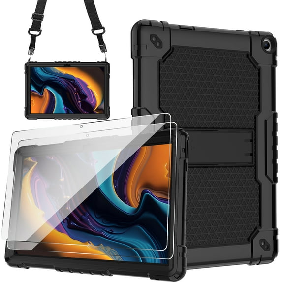SOATUTO Hybrid Case With Screen Protector For Walmart Onn 10.1 3rd Gen 10.1 inch Cover Built in Handle/Shoulder Strap 360° Stand 3 Layer Armmor For Walmart Onn 10.1 2022 Model 100071485 - Black+2 Pcs
