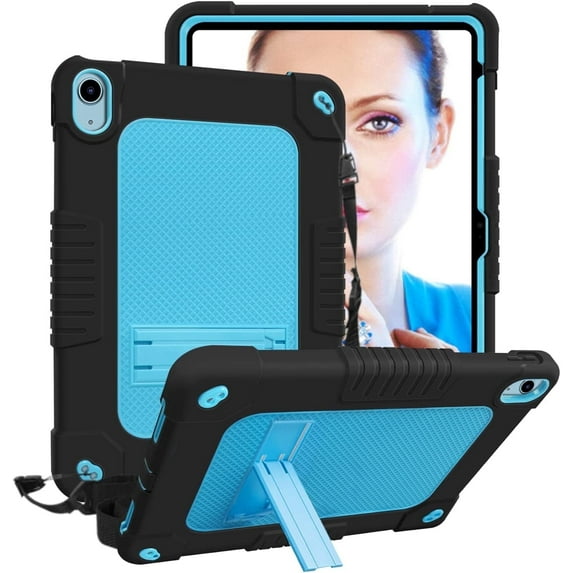 SOATUTO Kids Friendly Case For iPad (A16) 11th 2025 10th Gen Heavy Duty Shockproof Protective Case Built in Shoulder Strap Kickstand for iPad (A16) 11th 2025 10th Generation 2022 Release - Black+Blue
