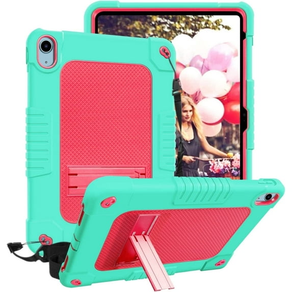 SOATUTO Kids Friendly Case For iPad (A16) 11th 2025 10th Gen Heavy Duty Shockproof Protective Case Built in Shoulder Strap Kickstand for iPad (A16) 11th 2025 10th Generation 2022 - Green+Pink