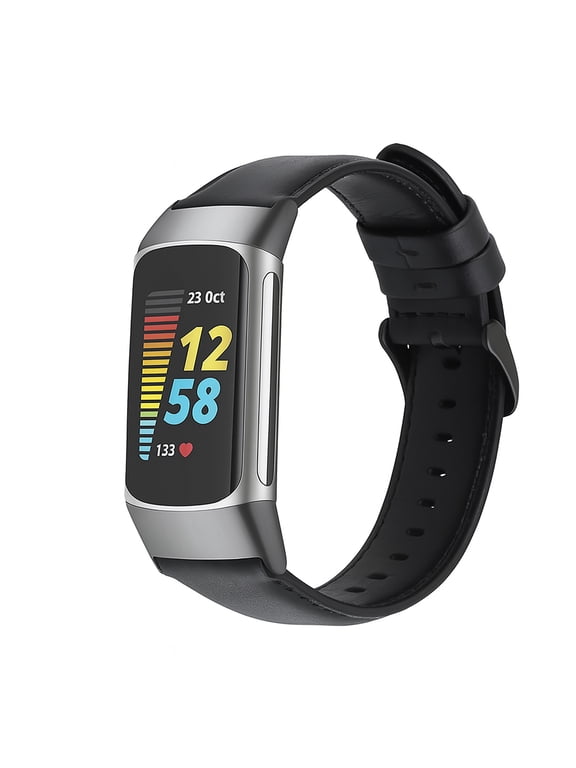 Leather Bands Compatible with Fitbit Charge 6/Charge 5, Replacement Genuine Leather Straps for Women Men(Black)