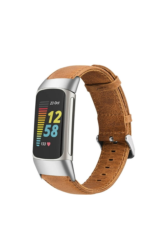 Leather Bands Compatible with Fitbit Charge 6/Charge 5, Replacement Genuine Leather Straps for Women Men(Brown)