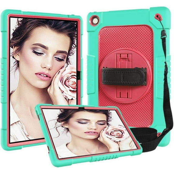 SOATUTO for Lenovo Tab M10 Plus 3rd Gen 10.6 Inch Case Handle Shoulder Strap 360° Stand 3 Layer Protective Armmor Case for Lenovo Tab M10 Plus Gen 3 TB-128FU/XU 10.6" 2022 Released - Green+Pink