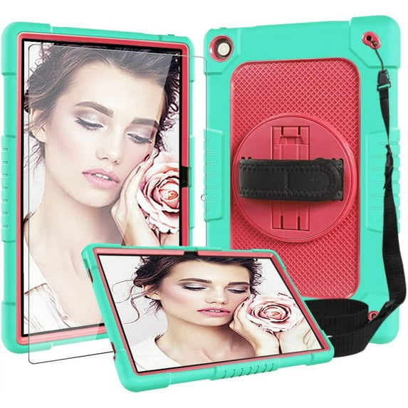SOATUTO for Lenovo Tab M10 Plus 3rd Gen 10.6 Inch Case with Tempered Glass Screen Protector Handle Shoulder Strap 360° Stand Armmor Case for Lenovo Tab M10 Plus Gen 3 2022 - Green+Pink/1 Pcs