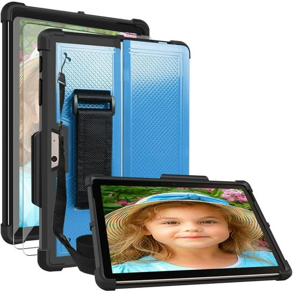 SOATUTO for Microsoft Surface Go 3 2021 Surface Go 4 2024 Surface Go 2 2020 Surface Go Tablet with Pen Holder Hand Strap Tempered Glass Film Fit for Type Cover Keyboard (Black+Blue/2 Pcs)