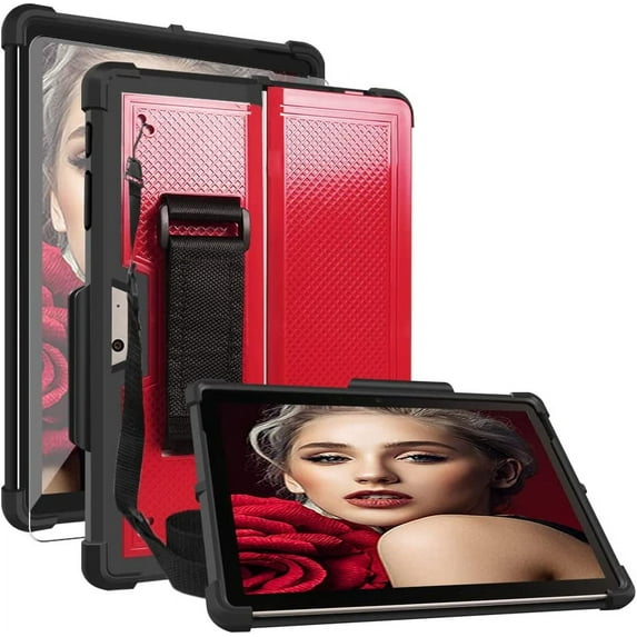 SOATUTO for Microsoft Surface Go 3 2021 Surface Go 4 2024 Surface Go 2 2020 Surface Go Tablet with Pen Holder Hand Strap Tempered Glass Film Fit for Type Cover Keyboard (Red+Black/1 Pcs)