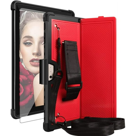 SOATUTO for Microsoft Surface Pro 7 Plus Pro 7 6 5 4 12.3 inch Tablet Hard Back Cover with Pen Holder Shoulder / Hand Strap and HD Clear Tempered Glasss Screen Protector Film - Red+Blue/1 Pcs