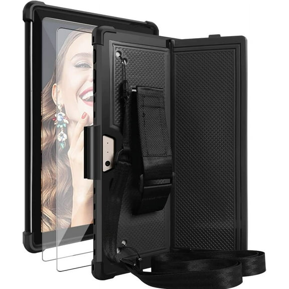 SOATUTO for Microsoft Surface Pro 7 Plus Pro 7 6 5 4 12.3 inch Tablet Hard Back Cover with Pen Holder Shoulder / Hand Strap and HD Clear Tempered Glasss Screen Protector Film - Black+Black/2 Pcs