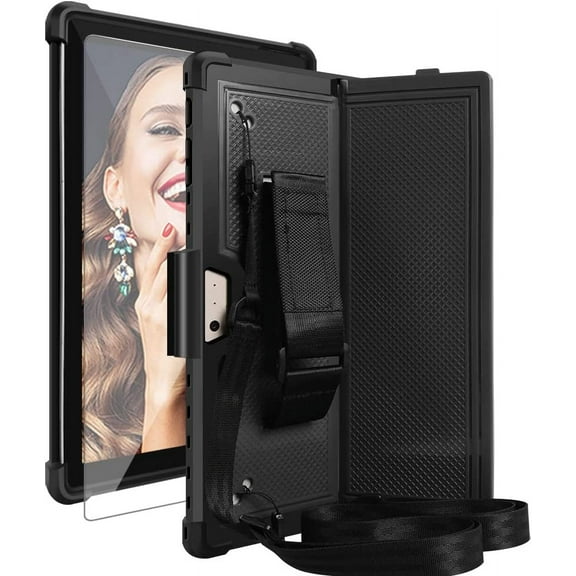 SOATUTO for Microsoft Surface Pro 7 Plus Pro 7 6 5 4 12.3 inch Tablet Hard Back Cover with Pen Holder Shoulder / Hand Strap and HD Clear Tempered Glasss Screen Protector Film - Black+Black/1 Pcs