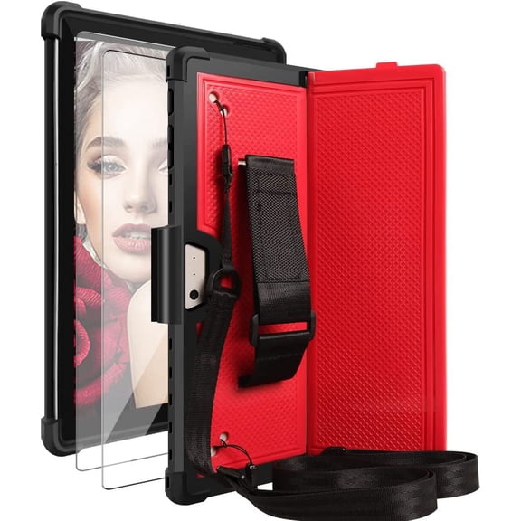 SOATUTO for Microsoft Surface Pro 7 Plus Pro 7 6 5 4 12.3 inch Tablet Hard Back Cover with Pen Holder Shoulder / Hand Strap and HD Clear Tempered Glasss Screen Protector Film - Red+Blue/2 Pcs