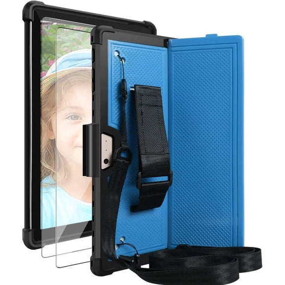 SOATUTO for Microsoft Surface Pro 7 Plus Pro 7 6 5 4 12.3 inch Tablet Hard Back Cover with Pen Holder Shoulder / Hand Strap and HD Clear Tempered Glasss Screen Protector Film - Black+Blue/2 Pcs