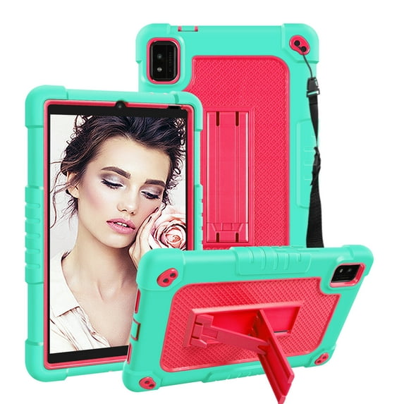 SOATUTO for Moxee Tablet 2 Case 8 inch Heavy Duty Moxee 8 inch Model MT-T8B22 Shock Resistant Rugged Hybrid Kids Friendly Cover Built-in Adjustable Kickstand Shoulder Strap - Green+Pink