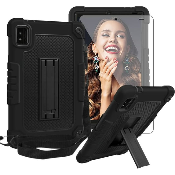 SOATUTO for Moxee Tablet 2 Case 8 inch Screen Protector for Moxee Tab 2 8" 2022 Model mt-8b22 Tempered Glass Film Shockproof Kids Friendly Case with Shouler Strap Hand Free - Black+Black,1 Pcs