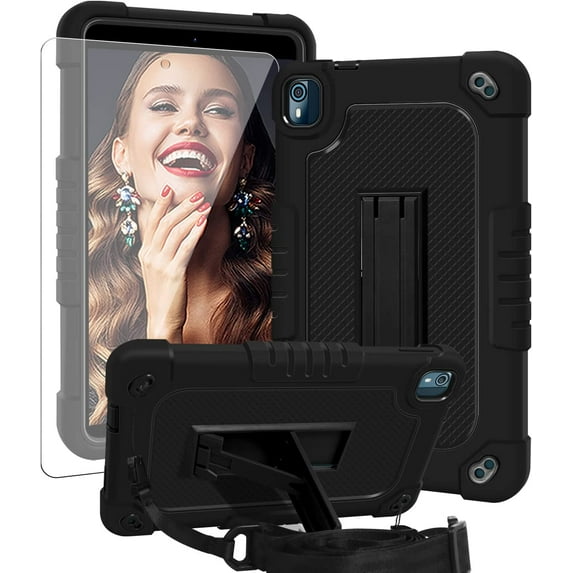 SOATUTO for Nokia T10 Tablet Case / for Nokia T10 8 inch 2022 Tablet Case Cover Hybrid Kids Friendly Cover Built-in Hand Free Kickstand Shoulder Strap Come With 9H Screen Protector (Black+Black/1 Pcs)
