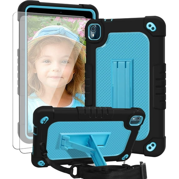 SOATUTO for Nokia T10 Tablet Case / for Nokia T10 8 inch 2022 Tablet Case Cover Hybrid Kids Friendly Cover Built-in Hand Free Kickstand Shoulder Strap Come With 9H Screen Protector (Black+Blue/2 Pcs)