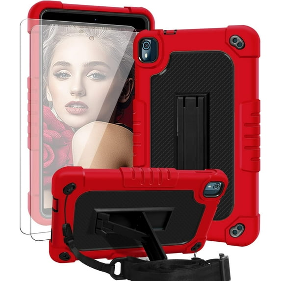 SOATUTO for Nokia T10 Tablet Case / for Nokia T10 8 inch 2022 Tablet Case Cover Hybrid Kids Friendly Cover Built-in Hand Free Kickstand Shoulder Strap Come With 9H Screen Protector (Red+Black/2 Pcs)