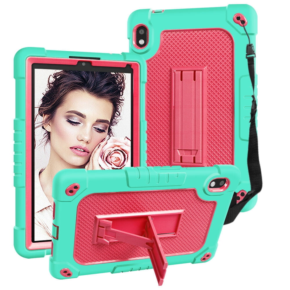SOATUTO For Orbic Tab 8 inch Heavy Duty Case with Shoulder Strap Kickstand Soft Silicone Hard Back Hybrid Armor Protective Cover for 8" Orbic Tab 8 5G Verizon / Orbic Tab 8 5G UW 8 inch - Green+Pink