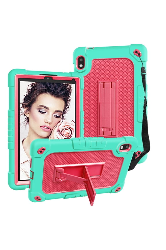 For Orbic Tab 8 inch Heavy Duty Case with Shoulder Strap Kickstand Soft Silicone Hard Back Hybrid Armor Protective Cover for 8" Orbic Tab 8 5G Verizon / Orbic Tab 8 5G UW 8 inch - Green+Pink