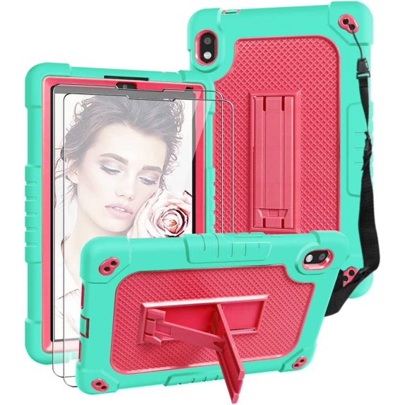 SOATUTO for Orbic Tab 8 inch Tempered Glass Screen Protector Film Come with Hybrid Case Built in Shoulder Strap Kickstand for 8" Orbic Tab 8 5G Verizon / For Orbic Tab 8 5G UW 8" - Green+Pink/2 Pcs