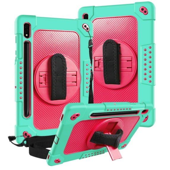 SOATUTO for Samsung S8 / Galaxy S7 11 inch Tab Case with S Pen Holder Kickstand Shoulder Hand Strap Hybrid Kids Friendly Cover For Samsung Galaxy S8 X700 X706 2022 / S7 T870 T875 2020 - Green+Pink