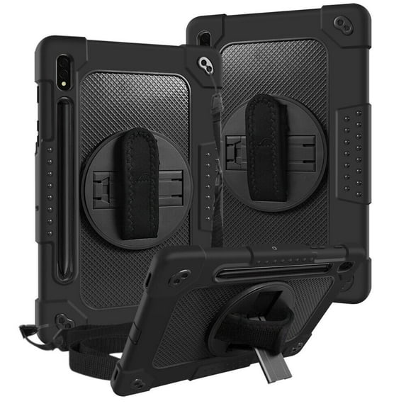 SOATUTO for Samsung S8 / Galaxy S7 11 inch Tab Case with S Pen Holder Kickstand Shoulder Hand Strap Hybrid Kids Friendly Cover For Samsung Galaxy S8 X700 X706 2022 / S7 T870 T875 2020 - Black+Black