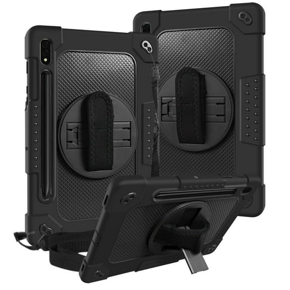 SOATUTO for Samsung S8 / Galaxy S7 11 inch Tab Case with S Pen Holder Kickstand Shoulder Hand Strap Hybrid Kids Friendly Cover For Samsung Galaxy S8 X700 X706 2022 / S7 T870 T875 2020 - Black+Black