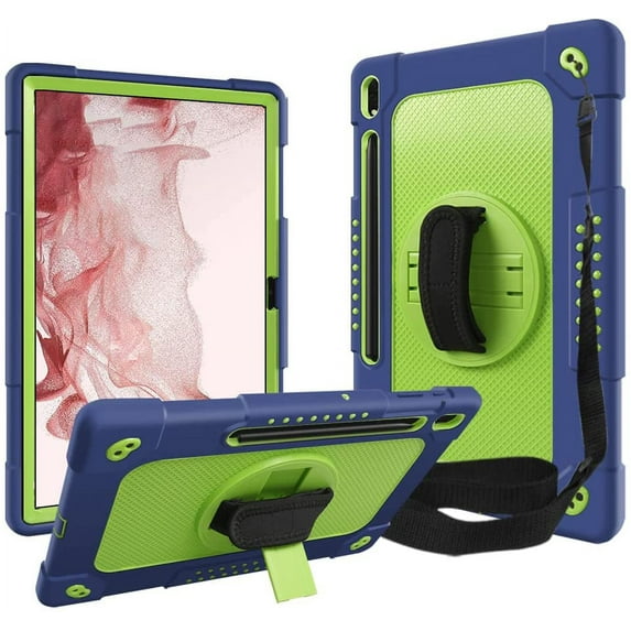 SOATUTO for Samsung S8 Plus S7 Plus S7 FE 12.4 inch Tab Case with S Pen Holder Kickstand Shoulder Hand Strap Hybrid Kids Friendly Case for Samsung Galaxy S8 Plus / S7 FE SM-T730 T736 - Navy+Green