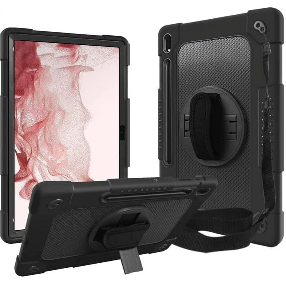 SOATUTO for Samsung S8 Plus S7 Plus S7 FE 12.4 inch Tab Case with S Pen Holder Kickstand Shoulder Hand Strap Hybrid Kids Friendly Case for Samsung Galaxy S8 Plus / S7 FE SM-T730 T736 - Black+Black