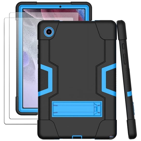 SOATUTO for Samsung Tab A8 Case Heavy Duty with Kickstand Armor Hard Back Case Cover with Tempered Glass Screen Protector for Samsung Galaxy Tab A8 10.5 Inch 2022 X200 X205 X207 - Black+Blue/2 Pcs