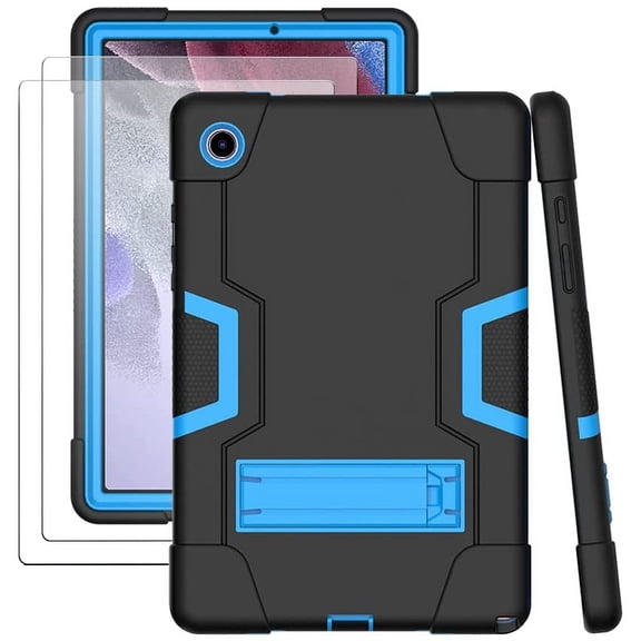SOATUTO for Samsung Tab A8 Case Heavy Duty with Kickstand Armor Hard Back Case Cover with Tempered Glass Screen Protector for Samsung Galaxy Tab A8 10.5 Inch 2022 X200 X205 X207 - Black+Blue/2 Pcs