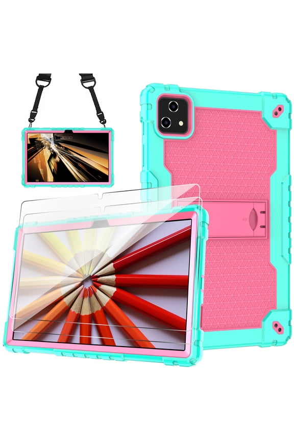 For T-Mobile Revvl Tab 5G Come With Tempered Glass Screen Protector Film Tablet Case with Kickstand / Shoulder Strap Kids Friendly Shell Fit for T-Mobile Revvl 10.36 inch - Green+Pink/2 Pcs