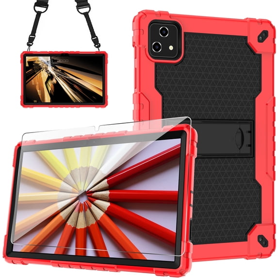 SOATUTO For T-Mobile Revvl Tab 5G Come With Tempered Glass Screen Protector Film Tablet Case with Kickstand / Shoulder Strap Kids Friendly Shell Fit for T-Mobile Revvl 10.36 inch - Red+Black/1 Pcs