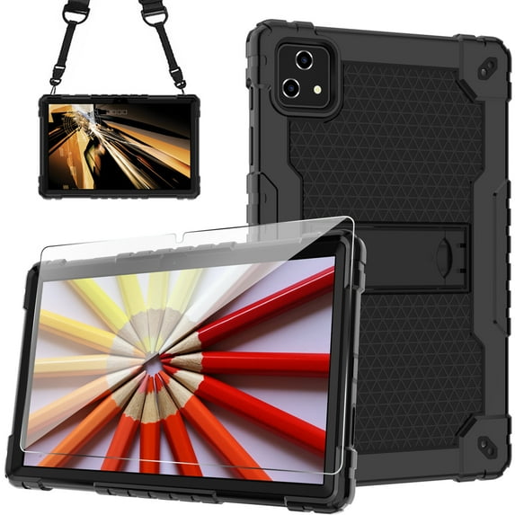SOATUTO For T-Mobile Revvl Tab 5G Come With Tempered Glass Screen Protector Film Tablet Case with Kickstand / Shoulder Strap Kids Friendly Shell Fit for T-Mobile Revvl 10.36 inch - Black+Black/1 Pcs