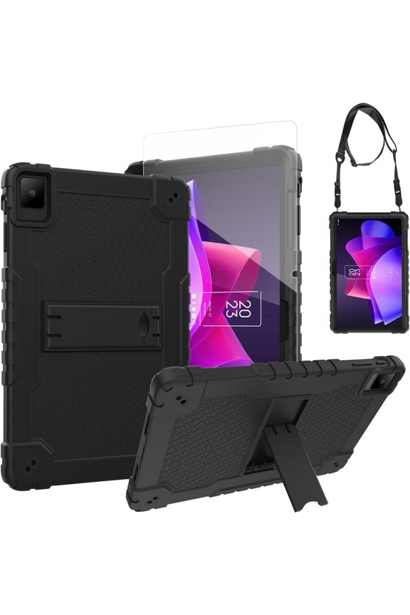 for TCL NXTPAPER 11 Model 9466X6 Tablet Drop-Proof Shock-Resistant Rugged Hybrid Kids Friendly Cover with Tempered Glass Screen Protector Built-in Kickstand with Shoulder Strap (Black+Black)