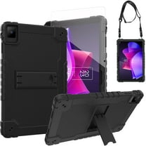 SOATUTO for TCL NXTPAPER 11 Model 9466X6 Tablet Drop-Proof Shock-Resistant Rugged Hybrid Kids Friendly Cover with Tempered Glass Screen Protector Built-in Kickstand with Shoulder Strap (Black Black)
