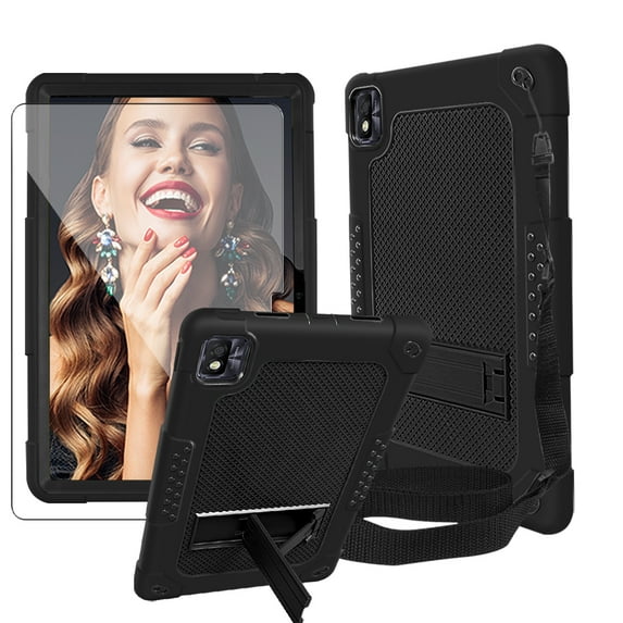 SOATUTO for TCL TAB 10 5G 10.1" FHD Android 12 Model 9183W For TCL TAB 10s 10.1" FHD Android 10 Tab Model 9081X Case with Shoulder Strap Kids Friendly Case Come Tempered Glass Film (Black+Black/1 Pcs)