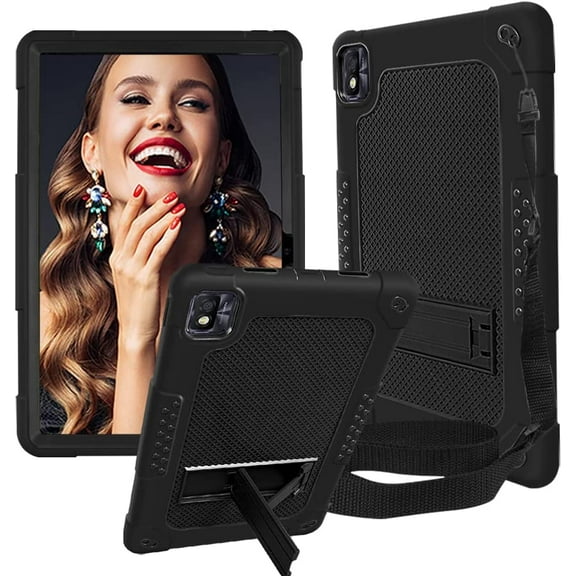 SOATUTO For TCL TAB 10 5G 10.1" Tablet Case Model 9183W / TCL TAB 10s 10.1 Inch  Model 9081X Case With Shoulder Strap Soft Silicone Hard Back Cover - Black+Black
