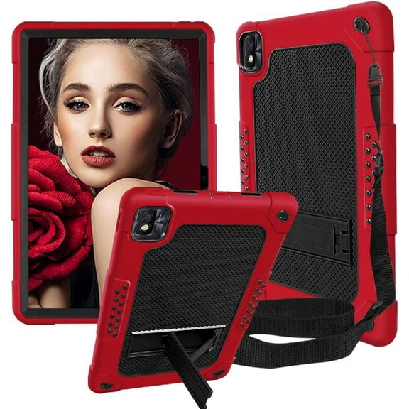SOATUTO For TCL TAB 10 5G 10.1" Tablet Case Model 9183W / TCL TAB 10s 10.1 Inch  Model 9081X Case With Shoulder Strap Soft Silicone Hard Back Cover - Red+Black
