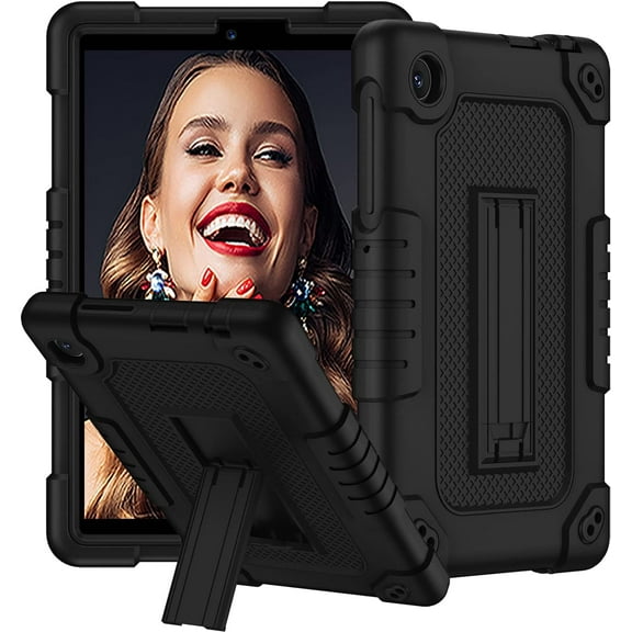 SOATUTO for TCL TAB 8 LE Tablet Case Model 9137W / for TCL TAB 8 WiFi Model 9132X Tablet Case with Shoulder Strap Soft Silicone Hard Back Rugged Full-Body Cover Case (Black+Black)