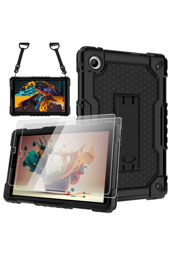 for TCL TAB 8 LE Tablet Model 9137W / for TCL TAB 8 WiFi Model 9132X Case with Shoulder Strap Kids Friendly Shockproof Tablet Case Come with Tempered Glass Film(Black+Black,2 Pcs)
