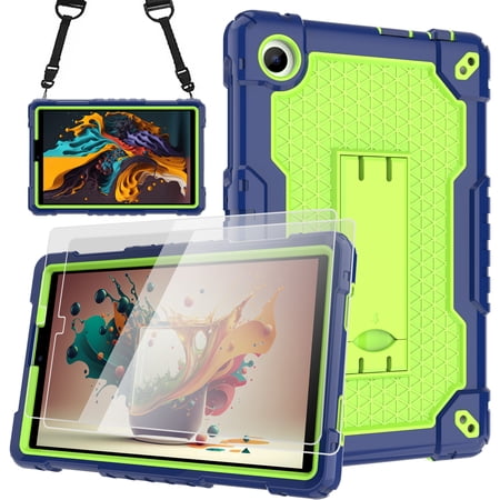 SOATUTO for TCL TAB 8 LE Tablet Model 9137W / for TCL TAB 8 WiFi Model 9132X Case with Shoulder Strap Kids Friendly Shockproof Tablet Case Come with Tempered Glass Film(Navy+Green,2 Pcs)