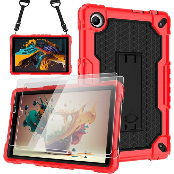 SOATUTO for TCL TAB 8 LE Tablet Model 9137W / for TCL TAB 8 WiFi Model 9132X Case with Shoulder Strap Kids Friendly Shockproof Tablet Case Come with Tempered Glass Film(Red+Black,2 Pcs)